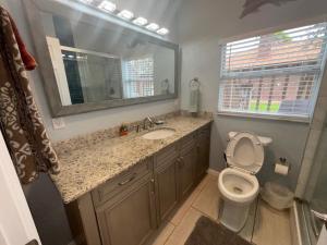 a bathroom with a toilet and a sink and a mirror at Egret - 1st Floor Freshly Updated Kit W&D 3 Miles to Beach in Bonita Springs +21 photos