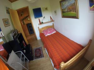 a bedroom with a bed with a red comforter at A nice view, panorama over Lago Maggiore in Ronco sopra Ascona +41 photos