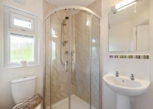 a bathroom with a shower and a toilet and a sink at Cleveland Hills View Holiday Park in Middleton upon Leven