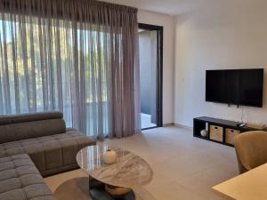 een woonkamer met een bank en een tafel bij Hypnos Residence Acropolis in Strovolos