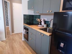 cocina con fregadero y nevera negra en VKLS 4 Appartement T2, en Languidic
