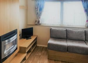 a living room with a couch and a television at The Chase Holiday Park in Winthorpe +7 photos