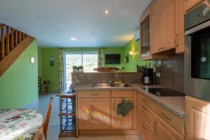 eine Küche mit grünen Wänden, Holzschränken und einer Spüle in der Unterkunft Appartement N°1 - Piscine Partagée in Lagorce