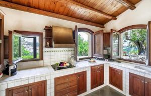 una cocina con armarios de madera y ventanas en una casa en Pet Friendly Home In Ragusa, en Ragusa