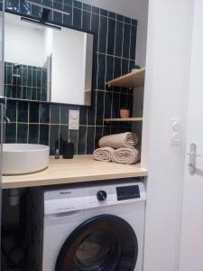 a kitchen with a washing machine under a counter at VKLS 4 Appartement T2 in Languidic