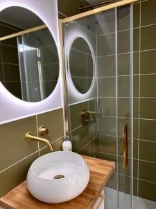 ein Badezimmer mit einem weißen Waschbecken und einer Dusche in der Unterkunft Tendance & Confort à Perigueux in Périgueux