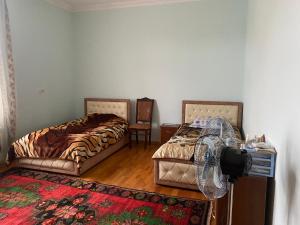 Una habitación con dos camas y un ventilador. en Baku Garden House, en Baku