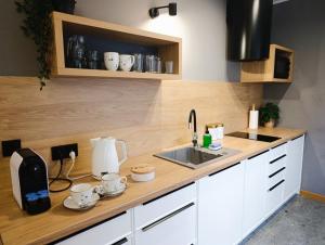 a kitchen with a sink and a counter top at Kolory Warmii Apartamenty Biały i Szary in Olsztyn