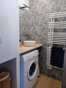 a bathroom with a washing machine and a sink at Vkls Appartement 1 in Languidic