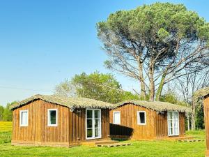 a small wooden house with a grass roof at Chalet en bois in Labatut