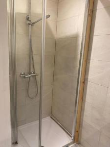 a shower with a glass door in a bathroom at FABULOUS Self contained GARDEN STUDIO EGHAM in Egham +10 photos