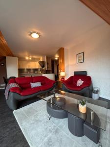 a living room with two couches and a table at L'ALTÉA - top floor - bright - city center in La Roche-sur-Foron