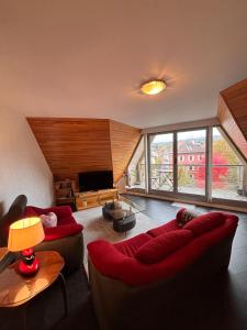 a living room with two red couches and a television at L'ALTÉA - top floor - bright - city center in La Roche-sur-Foron