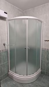 a shower with a glass door in a bathroom at Mathilda's Apartment in Španjola