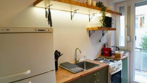 Una pequeña cocina con fregadero y estufa. en Meet Prishtina Apartment, en Pristina