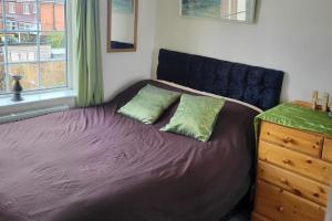 ein Bett mit zwei Kissen neben einem Fenster in der Unterkunft Cottage - Sleeps 4 - Garden - Parking in Chorley