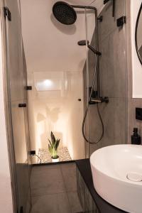 a bathroom with a shower and a sink at Premium Apartment Landshut Altstadt 100" TV Gaming Tiefgarage in Landshut