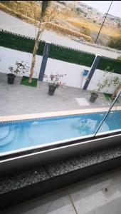 a pool in a building with potted plants at Elhanaa 
