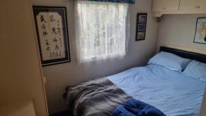 a small bedroom with a bed and a window at 'The Cabin'. A cosy private & secure holiday home. in Padeswood