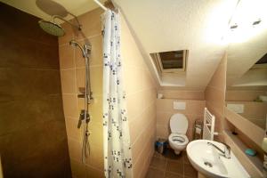 Un baño con ducha, inodoro y lavabo. en Apartman Matej, en Liptovský Mikuláš 25 fotos más