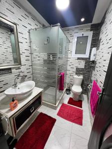 a bathroom with a shower and a sink and a toilet at Hi Pyramids in Cairo +50 photos