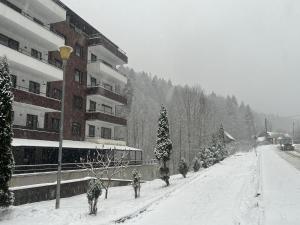 een met sneeuw bedekte straat voor een gebouw bij Serenity Suite in Sinaia