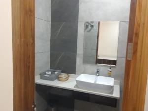 a bathroom with a white sink and a mirror at hitkari palace in Hāpur