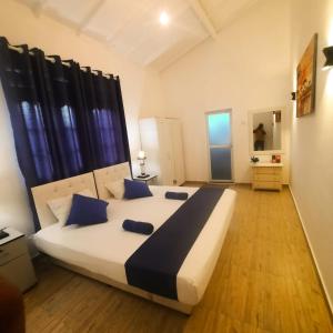 a bedroom with a large white bed with blue pillows at White N Villa in Wadduwa
