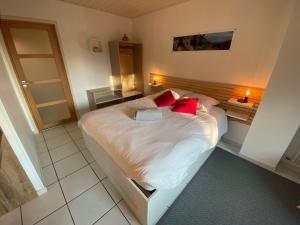 a bedroom with a large bed with red pillows at L'Oustal Des Dômes in Orcines