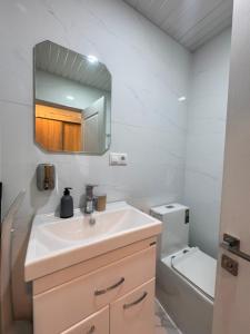 een badkamer met een wastafel en een spiegel en een toilet bij Alvina Complex Apartment in Tsachkadzor +7 foto's