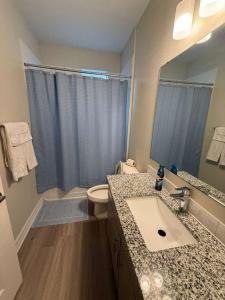 a bathroom with a sink and a toilet and a mirror at Great place to Relax and Shopping in Cedar Park