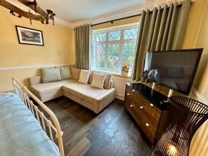a living room with a couch and a flat screen tv at STUNNING Character Home , Rustic Charm Meets Modern Living in Welling