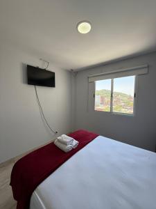 a bedroom with a large white bed with a window at Apartamentos La Posta in San Salvador de Jujuy