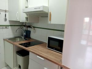 マドリードにあるApartmento con parking Madrid barajas ifema metropolitanoのシンクと電子レンジのある小さなキッチン