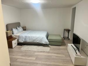 a bedroom with a bed and a flat screen tv at Newly Renovated Stylish & Spacious Studio in Huttwil