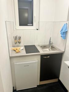 Una pequeña cocina con fregadero y espejo. en Newly Renovated Stylish & Spacious Studio, en Huttwil