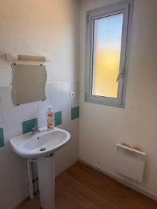 a bathroom with a white sink and a window at Appartement face Aéroport Marseille in Vitrolles