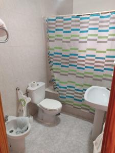 a bathroom with a toilet and a sink and a shower curtain at Hotel Peñarroya in Argamasilla de Alba