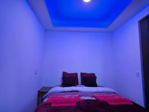 a bedroom with a bed with a blue ceiling at Luci's House B in São Jorge