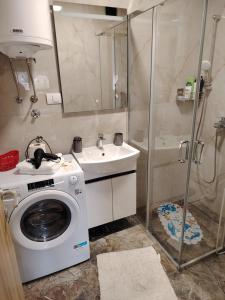 y baño con lavadora y ducha. en Apartman Havjar Zlatibor, en Zlatibor