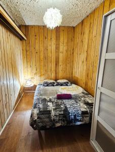 a bedroom with a bed in a room with wooden walls at Le Carnot, appartement au centre de Roanne in Roanne +8 photos