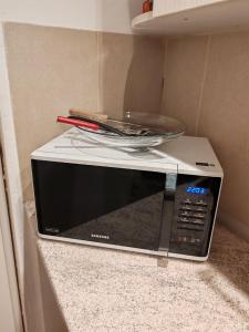 a microwave with a bowl on top of it on a counter at Central 3 Budget Accomodation in Bucharest +4 photos