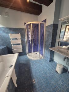 a blue tiled bathroom with a shower and a sink at Hostellerie du Vieux Pérouges in Pérouges +44 photos