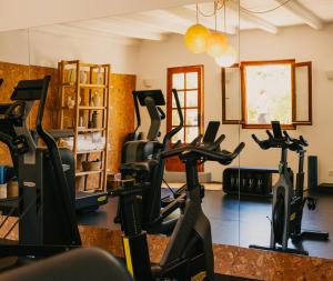 a gym with treadmills and exercise bikes at Petunia Ibiza, a Beaumier hotel in Cala Vadella +110 photos