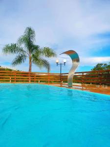 a large swimming pool with a palm tree next to a fence at Tríade Chalé da Canastra 2 in São Roque de Minas