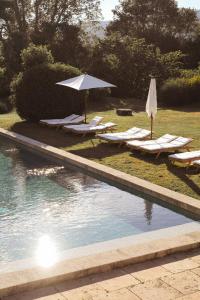 Una piscina con sombrillas y tumbonas junto al agua. en Le Galinier Lourmarin, a Beaumier Guesthouse, en Lourmarin