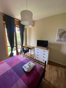 Un dormitorio con una cama, un escritorio y un televisor. en Casa di Gea, en Biella