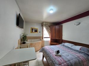 a bedroom with a bed and a bath tub at Amaru Peru Hotel in Huaraz