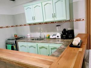 a kitchen with green cabinets and a sink at Sweet Home in Curití