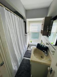 a small bathroom with a sink and a shower at Your Home Away From Home in Melrose Park